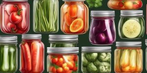 home canning jars with fresh vegetables and fruits