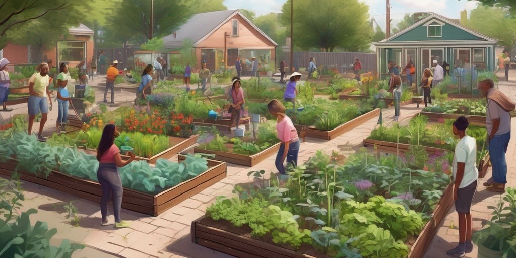 community garden with diverse people interacting and planting