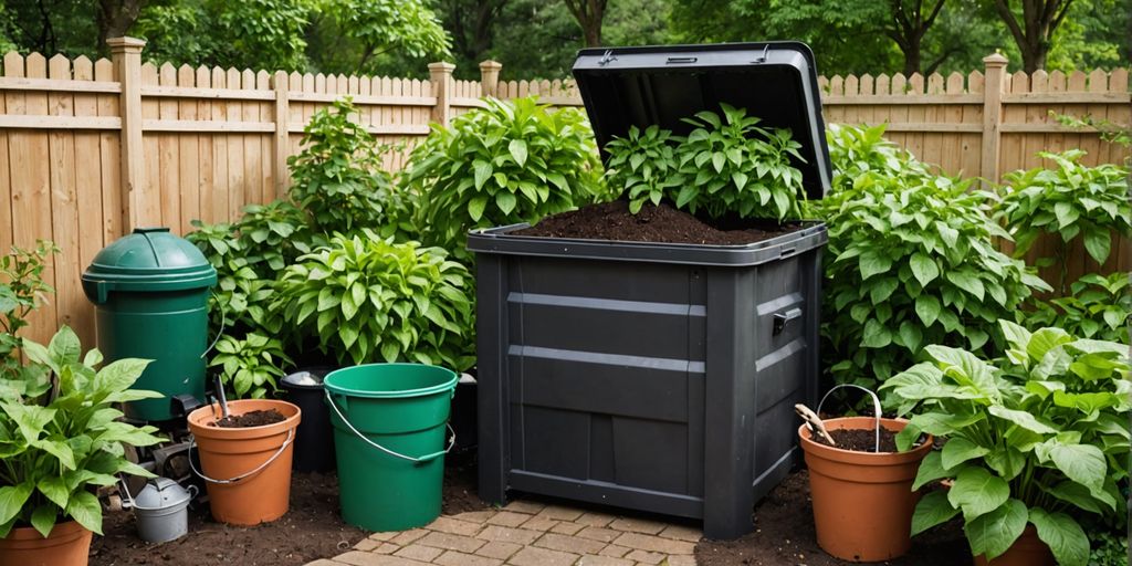 Backyard compost bin with garden tools