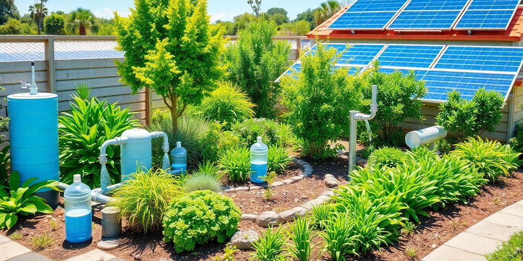 Diverse water conservation techniques in a green landscape.