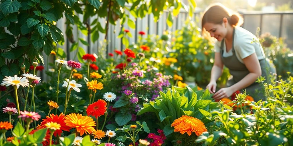 Colorful garden with flowers, vegetables, and greenery.