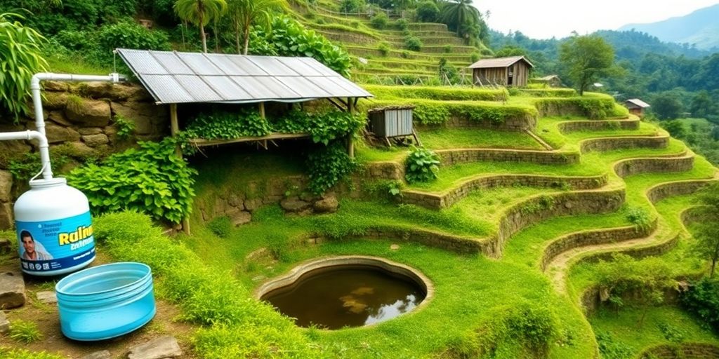 Traditional water conservation techniques in a lush green landscape.