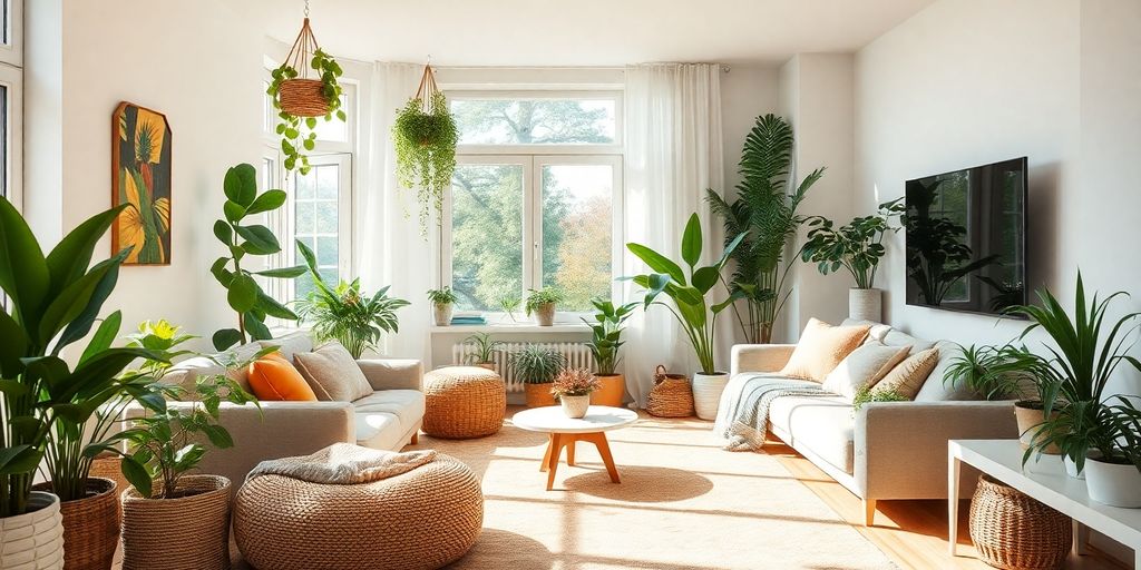 Eco-friendly living room with plants and natural materials.