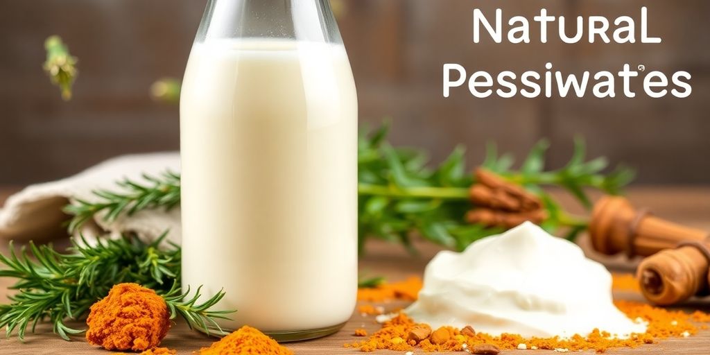 Fresh milk bottle with herbs and spices on a table.