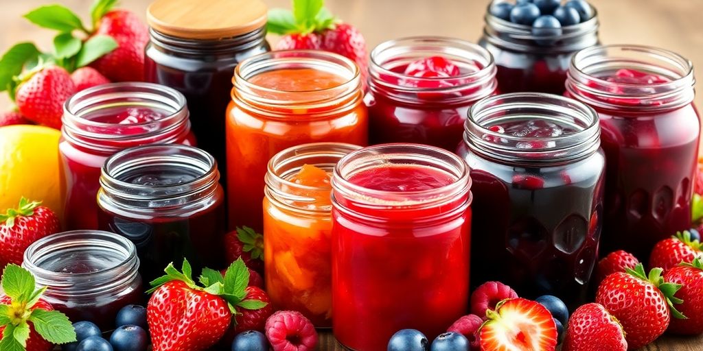 Assorted all-natural jams with fresh fruits on wooden table.