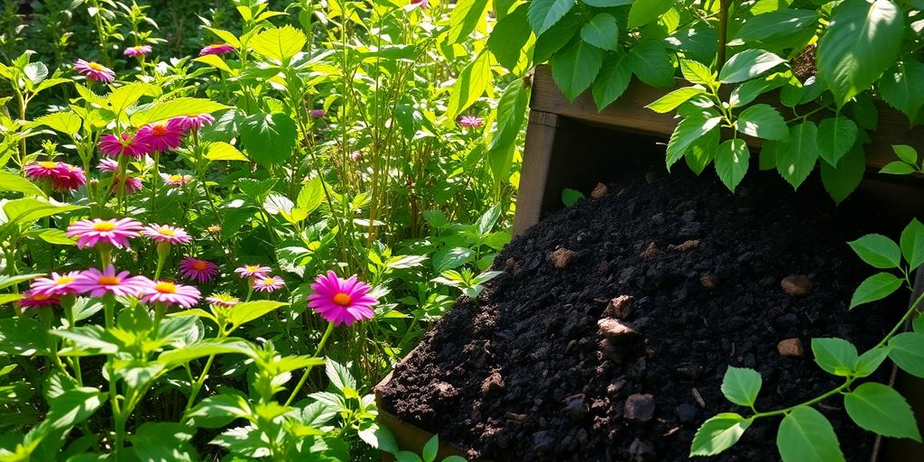 Garden with compost bin and thriving plants.