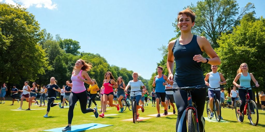 People exercising outdoors in a sunny park setting.