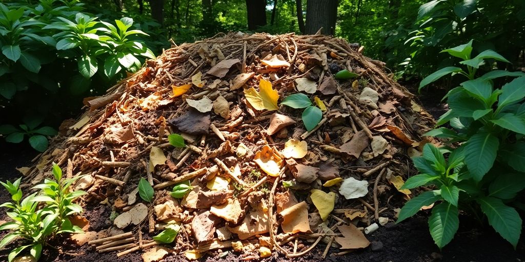 Colorful compost pile with plants and organic materials.