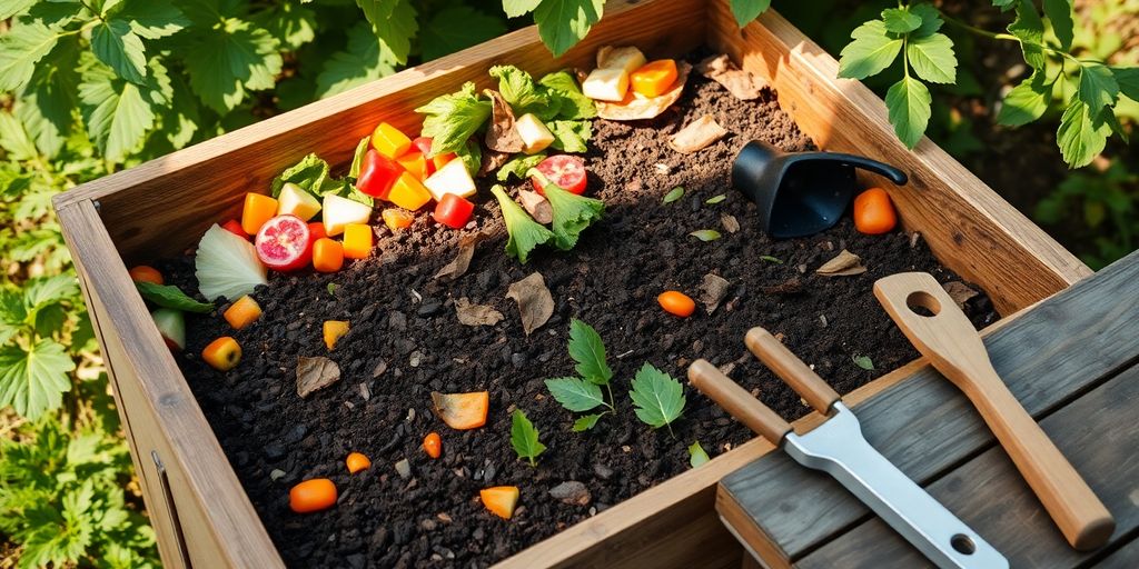 Colorful compost bin with vegetable scraps and leaves.
