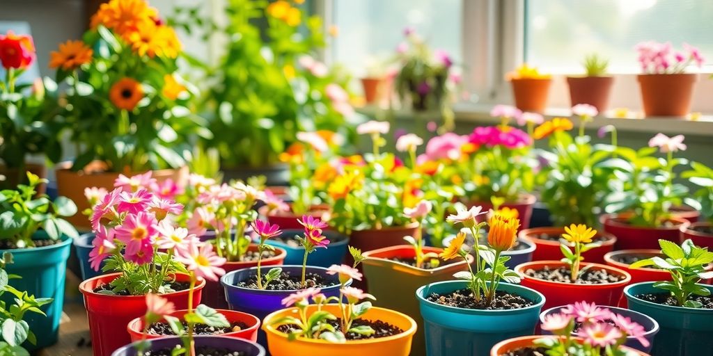Colorful flower seedlings in pots on a sunny windowsill.