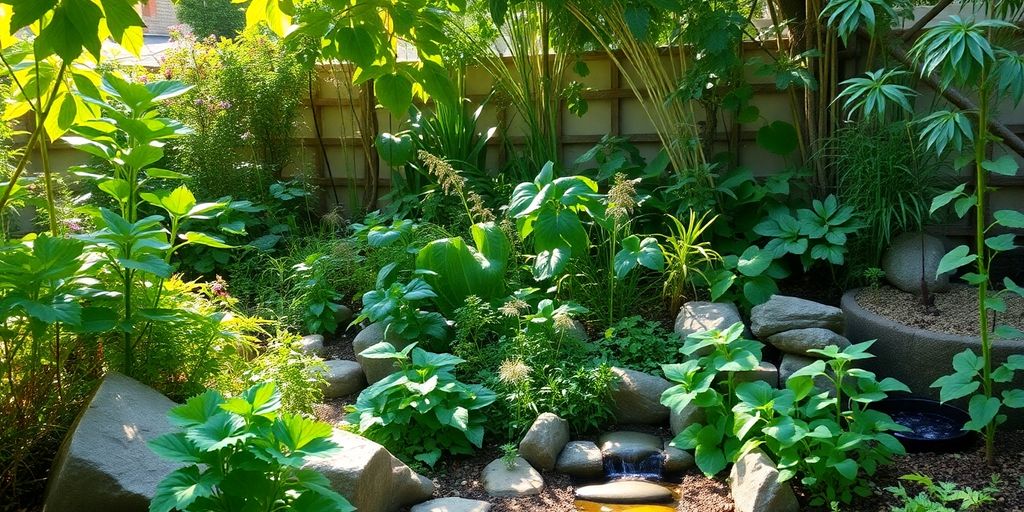 Lush permaculture garden with diverse plants and natural features.