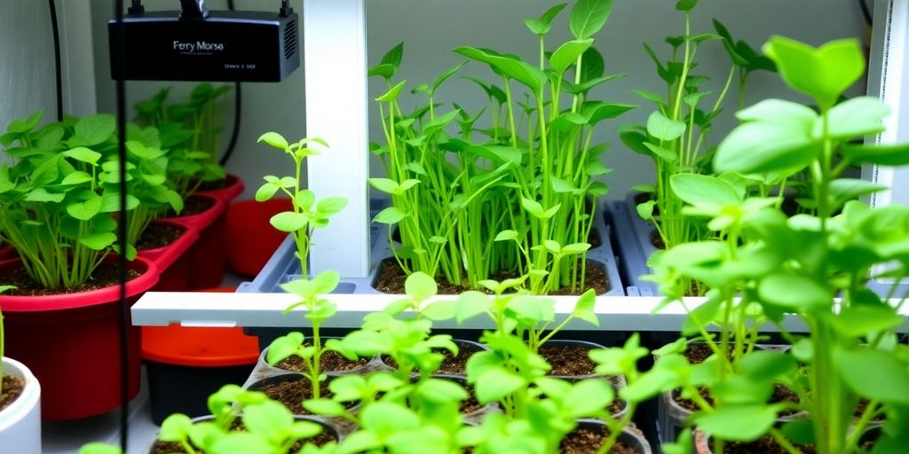Indoor garden with seedlings under a grow light.