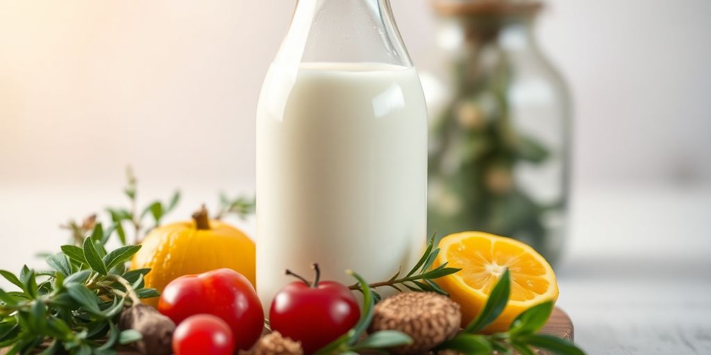 Fresh milk with herbs and fruits on a wooden table.