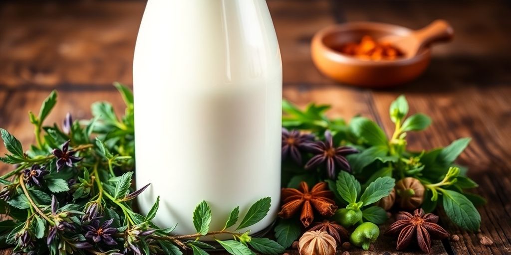 Glass bottle of milk with herbs on a wooden table.