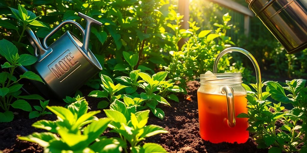Lush garden with plants and manure tea being applied.