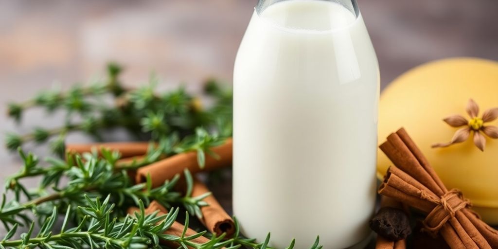 Glass bottle of natural milk with herbs and spices.