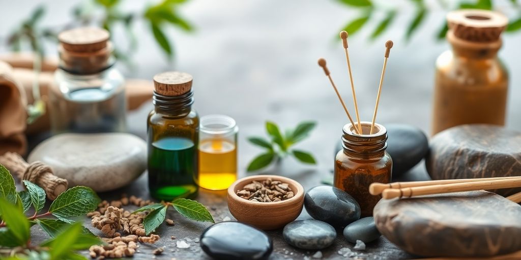 Holistic medicine tools: herbs, acupuncture needles, and plants.