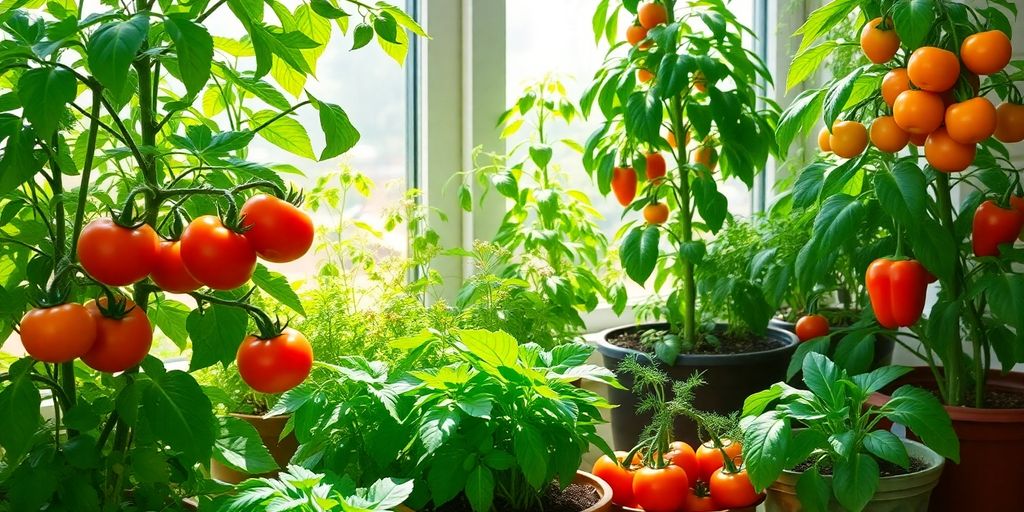 Colorful indoor vegetable garden with healthy plants in pots.
