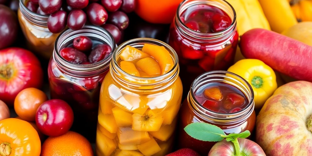 Colorful fruits preserved in jars with sugar.