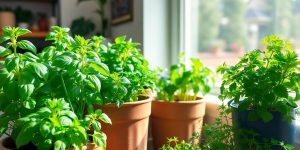 Indoor herb garden with basil, parsley, and mint plants.