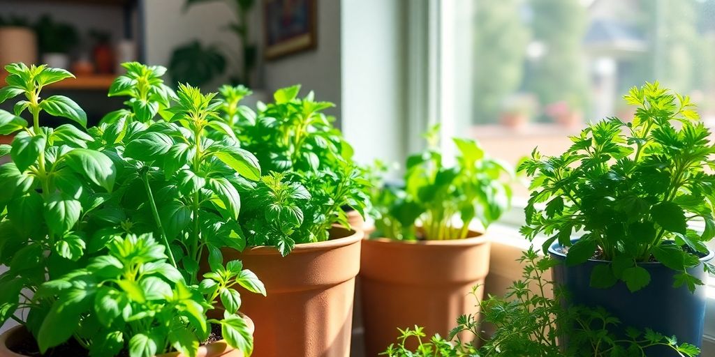Indoor herb garden with basil, parsley, and mint plants.