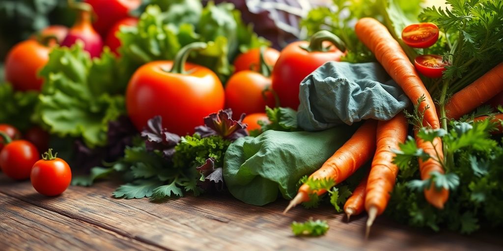 Fresh vegetables on a wooden table promoting sustainable eating.