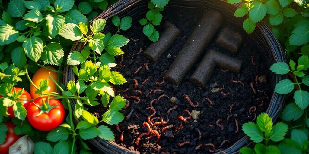 Compost bin filled with fresh vegetables and rich soil.