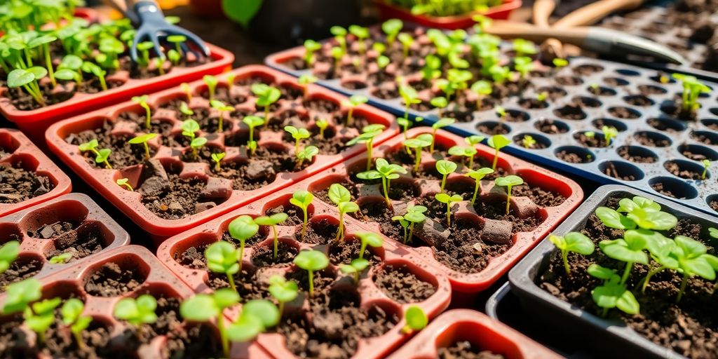 Seed trays with healthy seedlings and gardening tools.