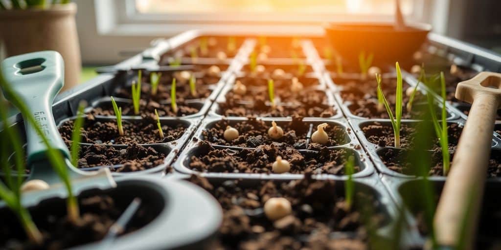 Seed trays with onion seeds in bright indoor light.