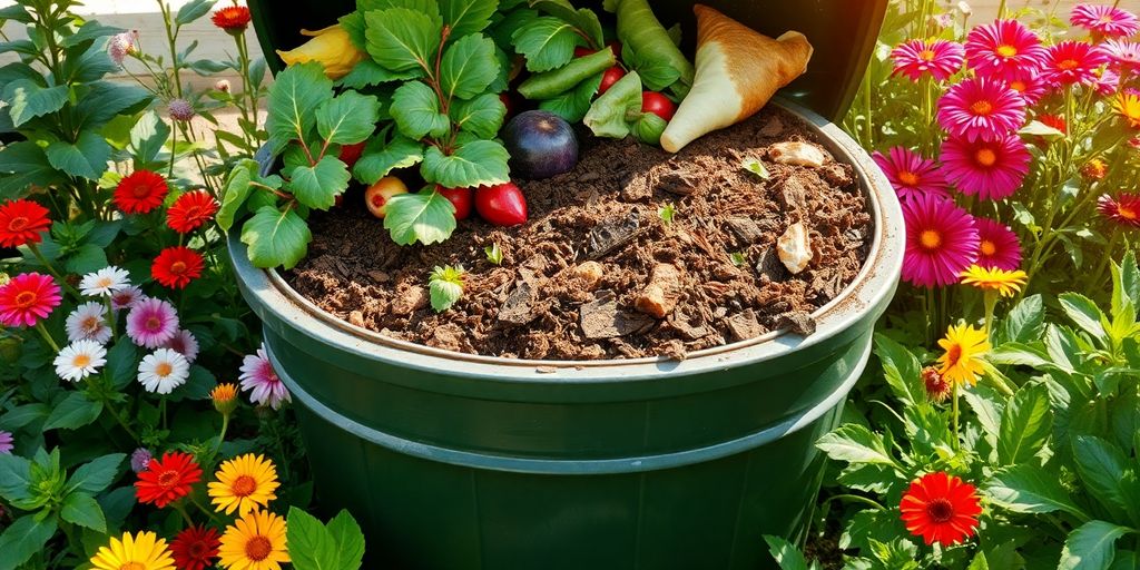 Compost bin with kitchen scraps and colorful garden flowers.