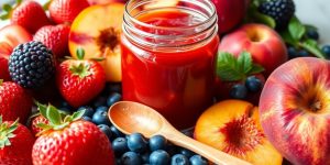 Fresh fruits and homemade fruit jam in a jar.