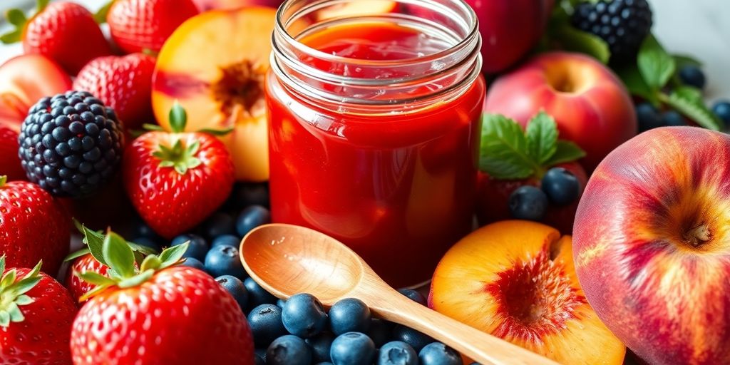 Fresh fruits and homemade fruit jam in a jar.