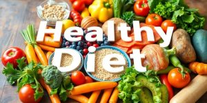 A vibrant assortment of healthy foods on a wooden table.