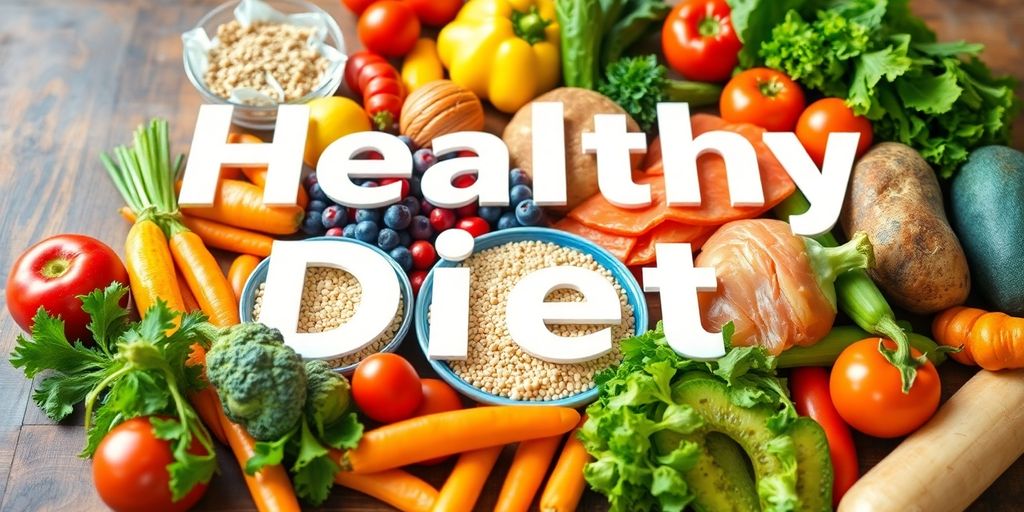 A vibrant assortment of healthy foods on a wooden table.