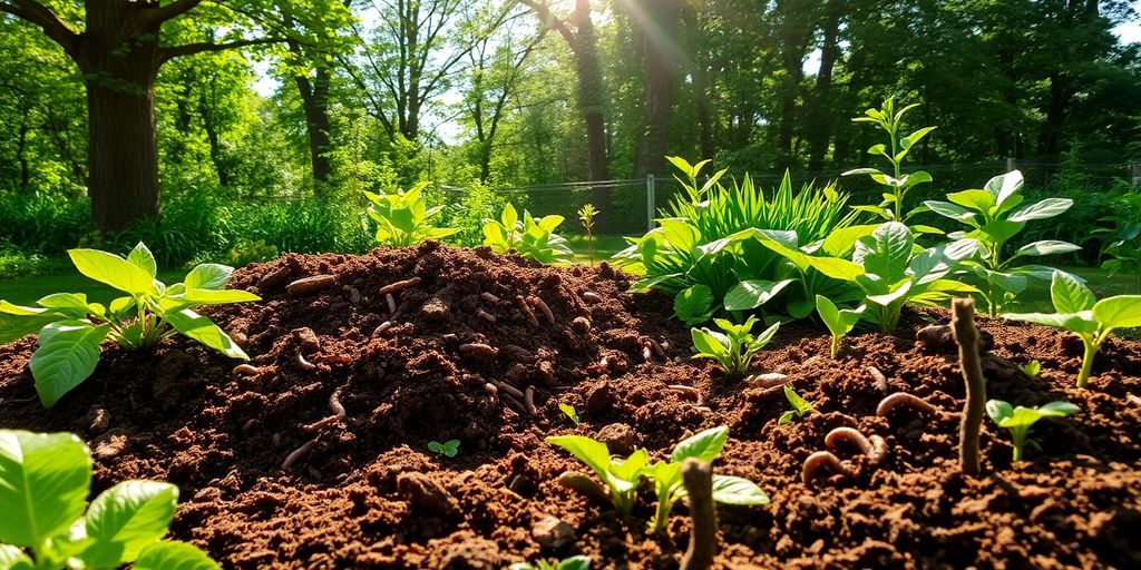 Compost piles in a vibrant garden with healthy plants.