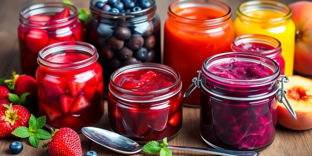 Colorful jars of natural jams with fresh fruits.