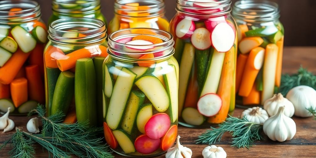 Colorful jars of homemade pickles with herbs and spices.