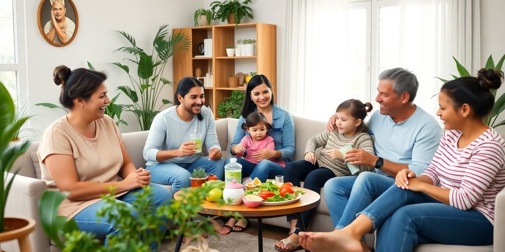 Diverse family enjoying healthy activities in a cozy space.