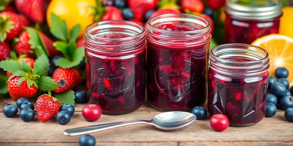 Jars of fruit jam with fresh berries on a table.