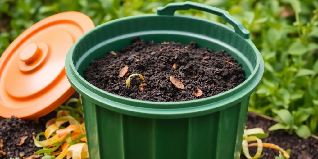 Compost tumbler with dark compost and vegetable scraps.