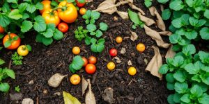 A compost heap with vegetables and organic materials.