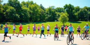 Group of people exercising outdoors in a sunny park.