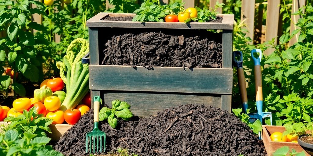 Compost bin with fresh vegetables in a sunny garden.