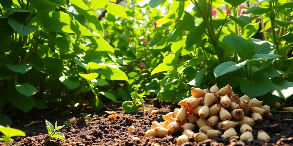 Lush plants and chicken manure in a vibrant garden.