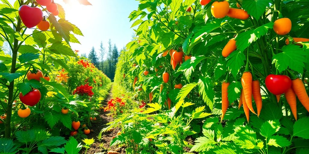 Colorful vegetable garden with growing plants and fresh vegetables.