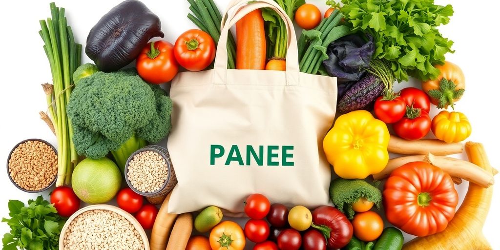 Colorful vegetables and fruits promoting sustainable eating habits.