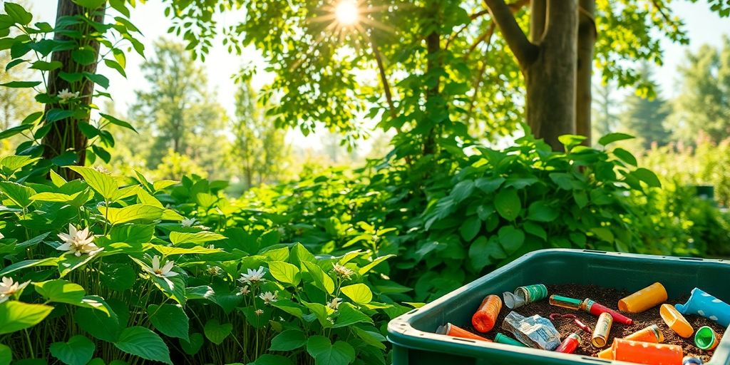 Compost bin with plants and recyclable materials in nature.