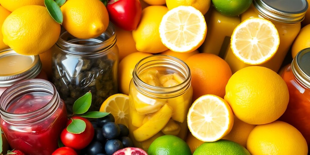 Fresh lemons and jars of preserves on a kitchen counter.