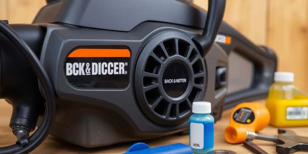 Black and Decker electric chainsaw on a wooden surface.