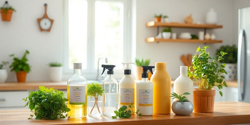 Eco-friendly cleaning products in a bright kitchen setting.